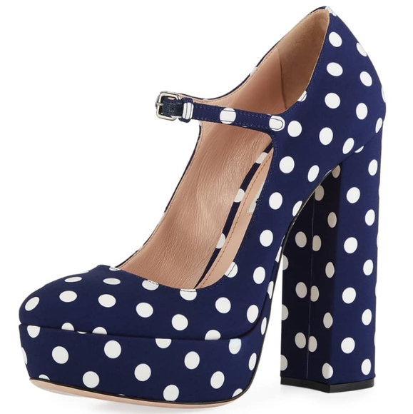Miu Miu Navy and White Canvas Polka Dot Platform Mary Janes - Picture 1 of 14